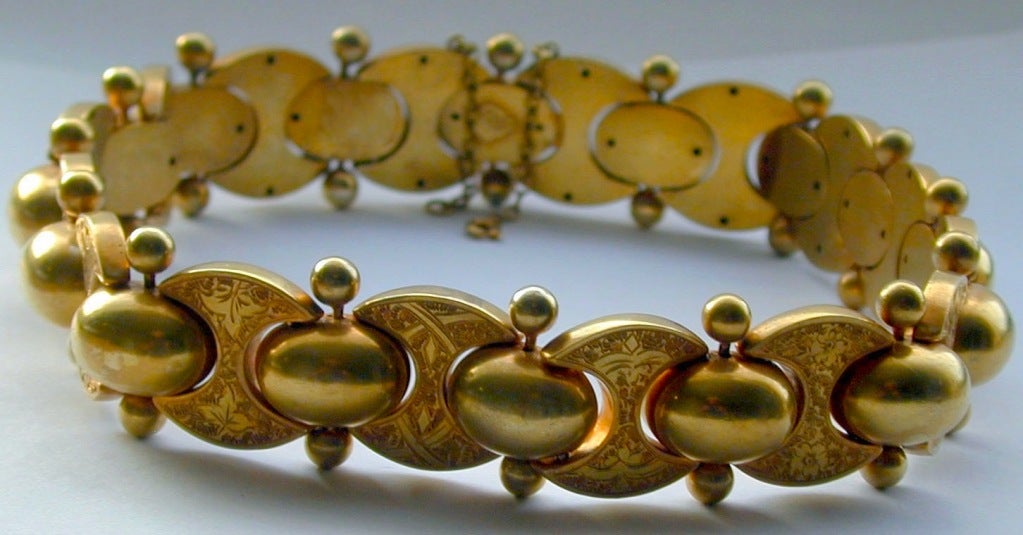 Unique gilt metal collar is stunning worn day or nite.  Seldom do we find Victorian jewelry in its original form clearly marked with its date of manufacture. This collar has a distinct registry mark indicating it was made May 28, 1875.