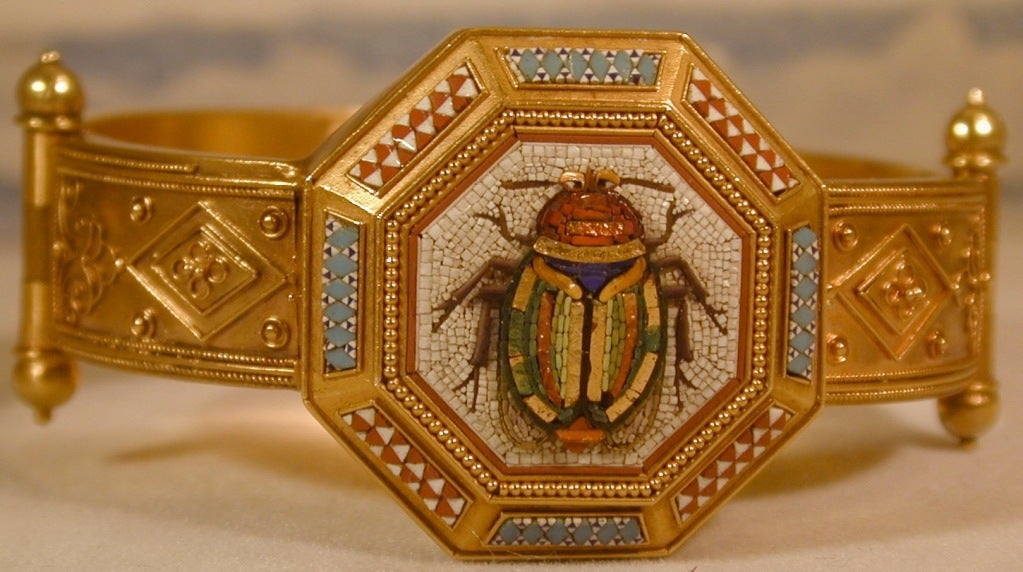 18K Etruscan work bracelet set with a central mosaic of a scarab. Micro mosaics were made in Rome and purchased by travelers on the 