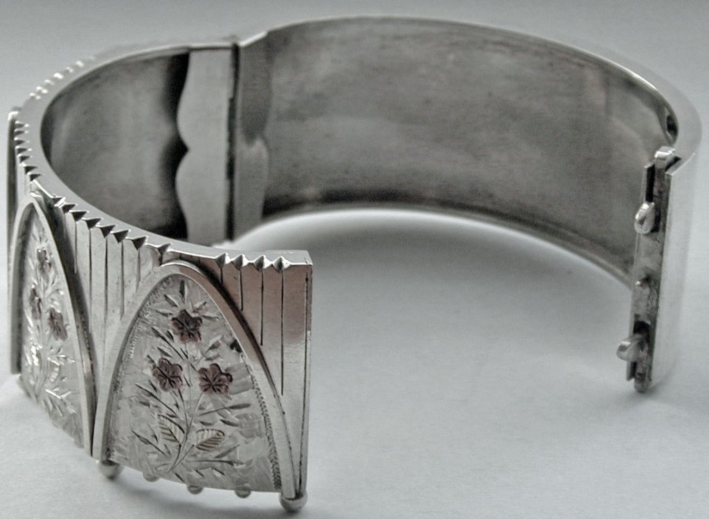 Antique Cuff Bracelet of Silver with 2-Color Gold For Sale at 1stdibs