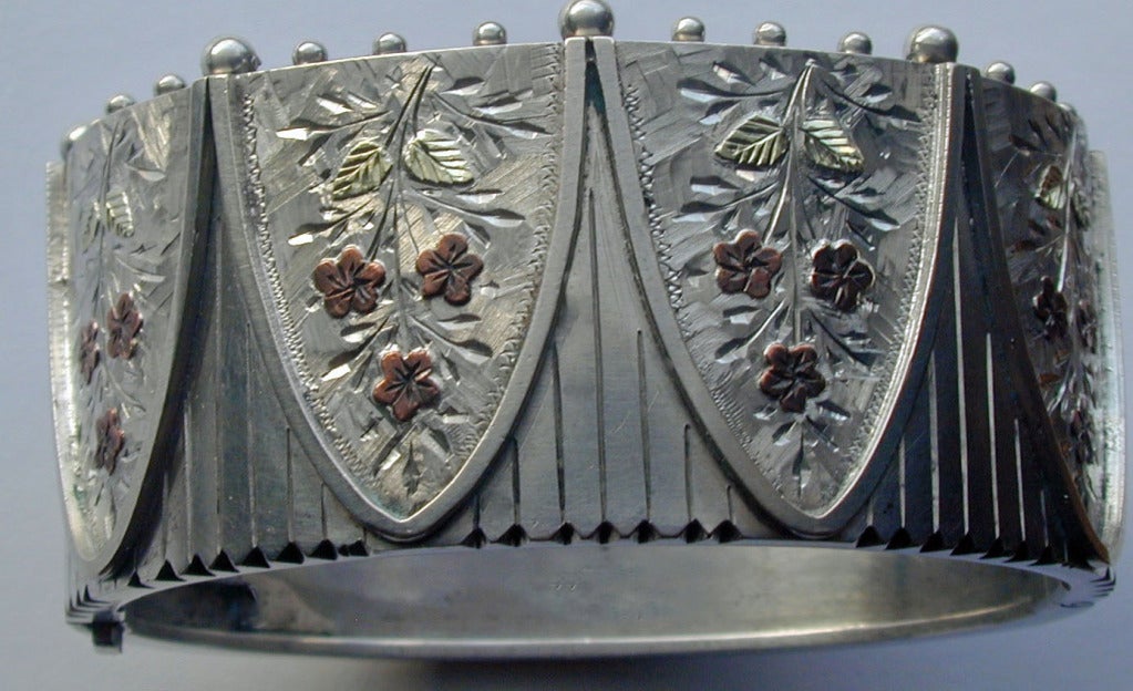 Victorian Antique Cuff Bracelet of Silver with 2-Color Gold