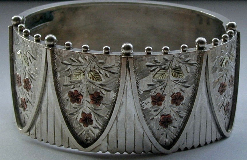 Antique Cuff Bracelet of Silver with 2-Color Gold In Excellent Condition In Baltimore, MD