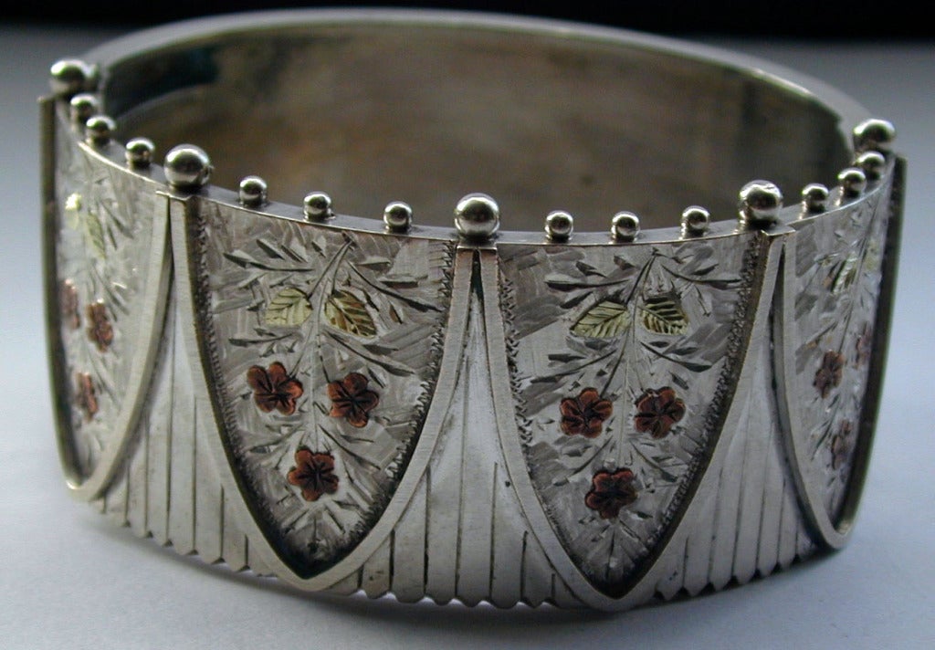 Women's Antique Cuff Bracelet of Silver with 2-Color Gold