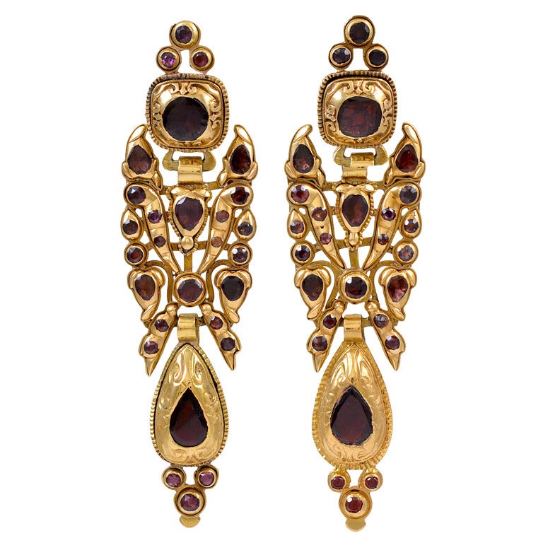 Catalan Style 18K and Garnet Earrings For Sale