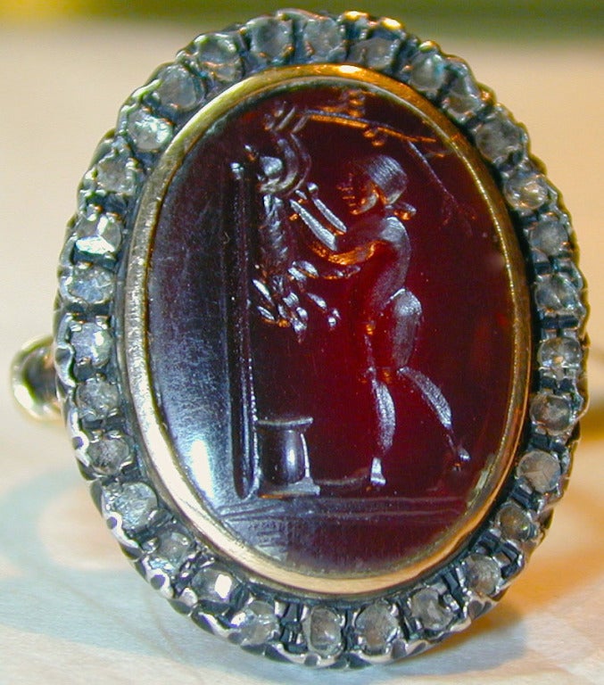 Antique Carnelian Intaglio Diamond Ring