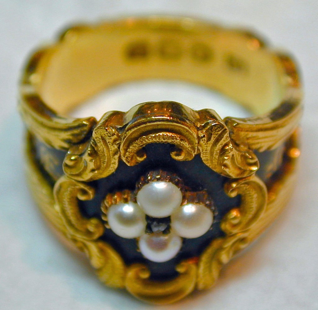 Antique Enamel Pearl Gold Memorial Ring at 1stDibs