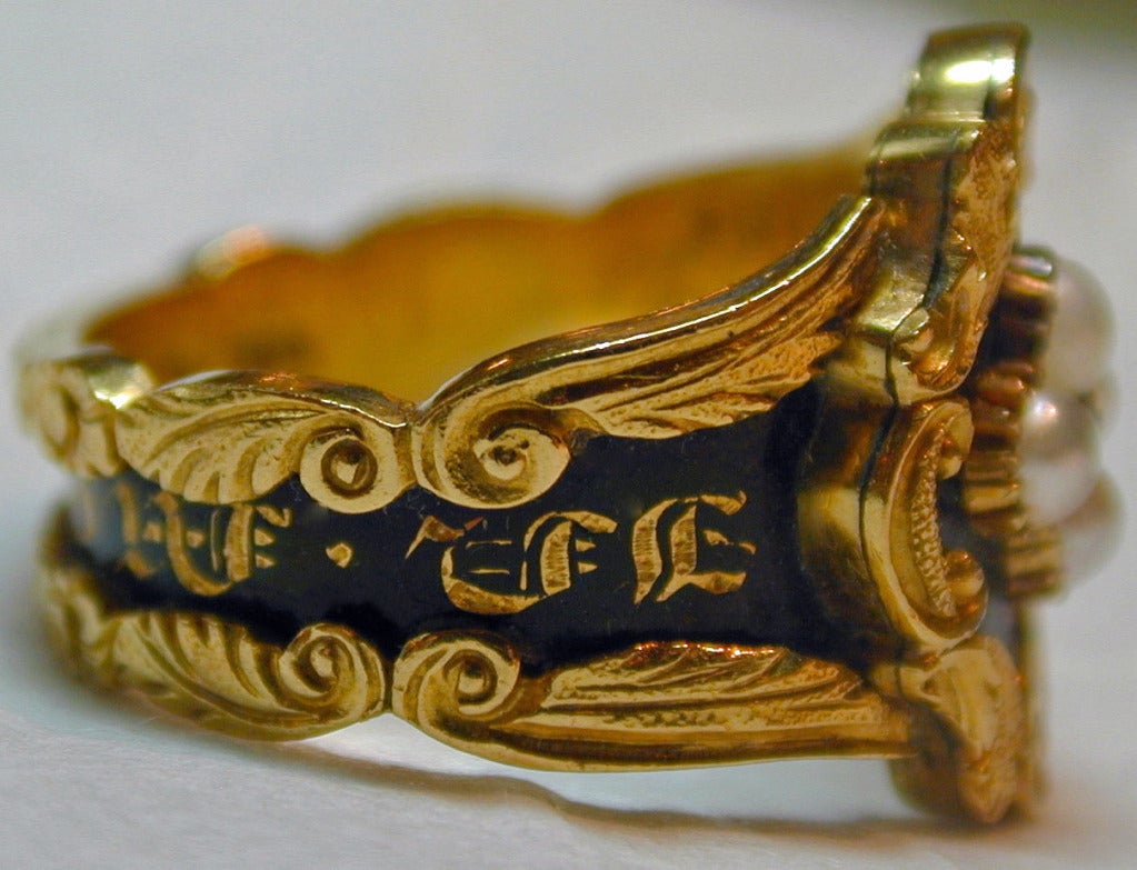 Antique Enamel Pearl Gold Memorial Ring at 1stDibs