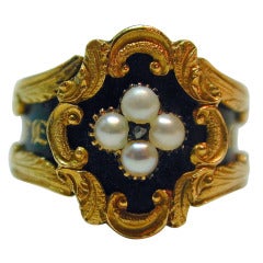 Antique Enamel Pearl Gold Memorial Ring