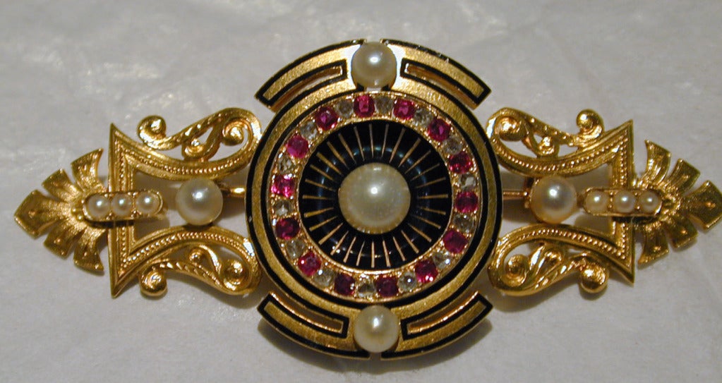 Victorian Antique Enamel Pearl Ruby Diamond Brooch For Sale