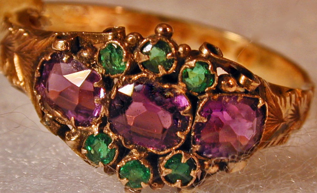 Victorian Antique Amethyst Emerald Cluster Ring