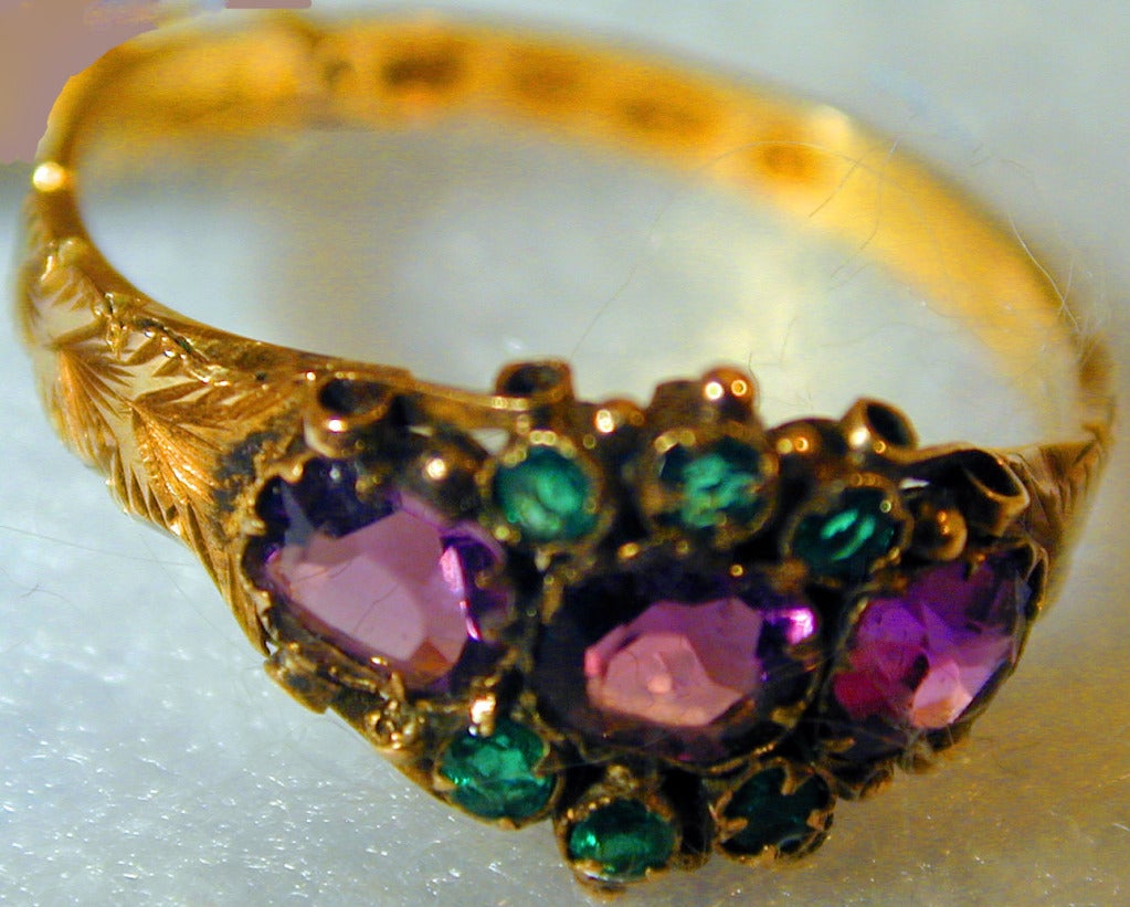 Antique Amethyst Emerald Cluster Ring In Excellent Condition In Baltimore, MD