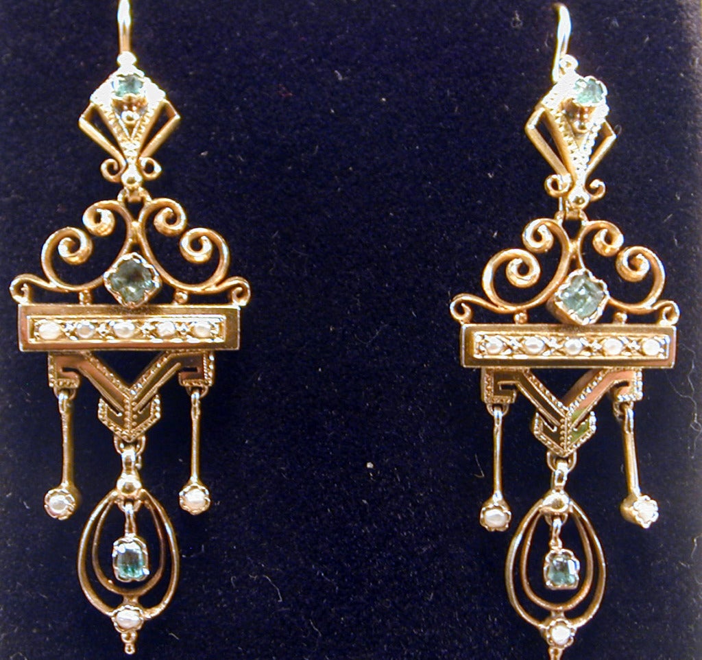 Women's Impressive Victorian Emerald Pearl  Gold Earrings
