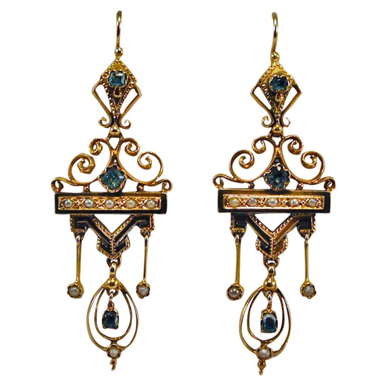 Impressive Victorian Emerald Pearl  Gold Earrings