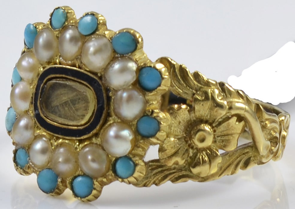 Georgian Antique Turquoise Pearl Gold Memorial Ring