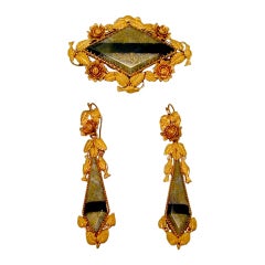 Dramatic Victorian Gold Banded Quartz Suite of Brooch and Earrings
