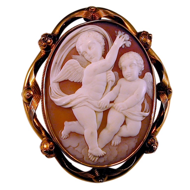 English Victorian Angelic Cameo Gold Frame Brooch by J. Mouhe For Sale