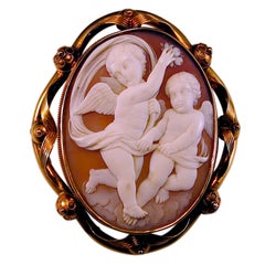 English Victorian Angelic Cameo Gold Frame Brooch by J. Mouhe