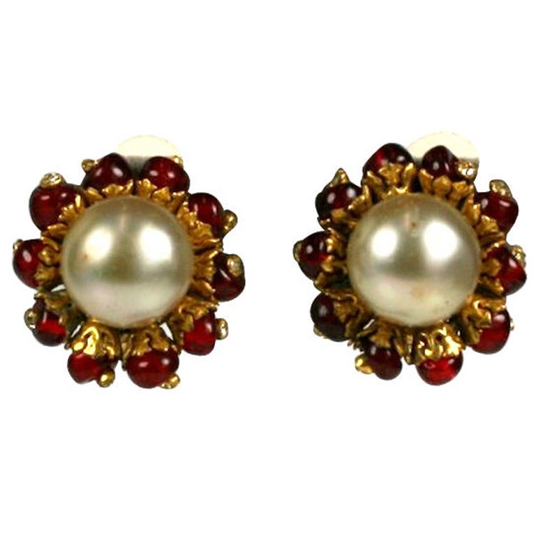 Chanel Ruby Pate de Verre and Faux Pearl Earrings For Sale