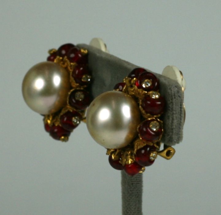 Chanel Ruby Pate de Verre and Faux Pearl Earrings In Excellent Condition For Sale In Riverdale, NY