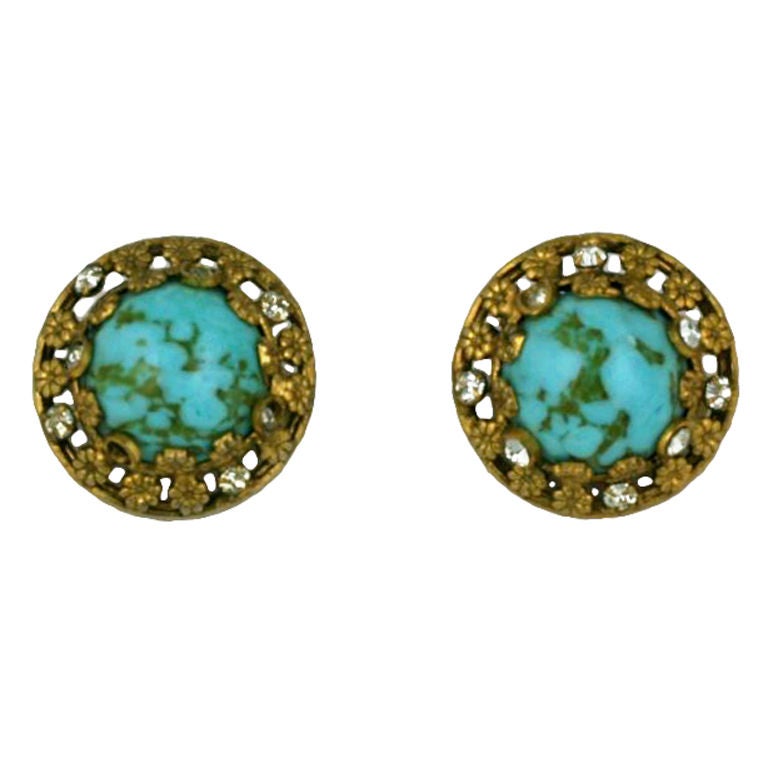 Chanel Turquoise and Floral Filigree Earclips