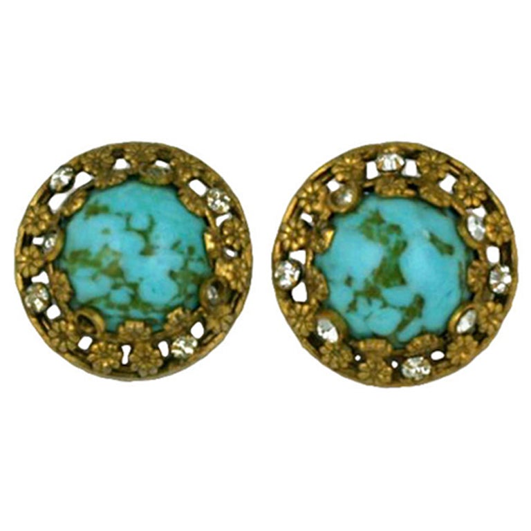 Chanel Turquoise and Floral Filigree Earclips For Sale