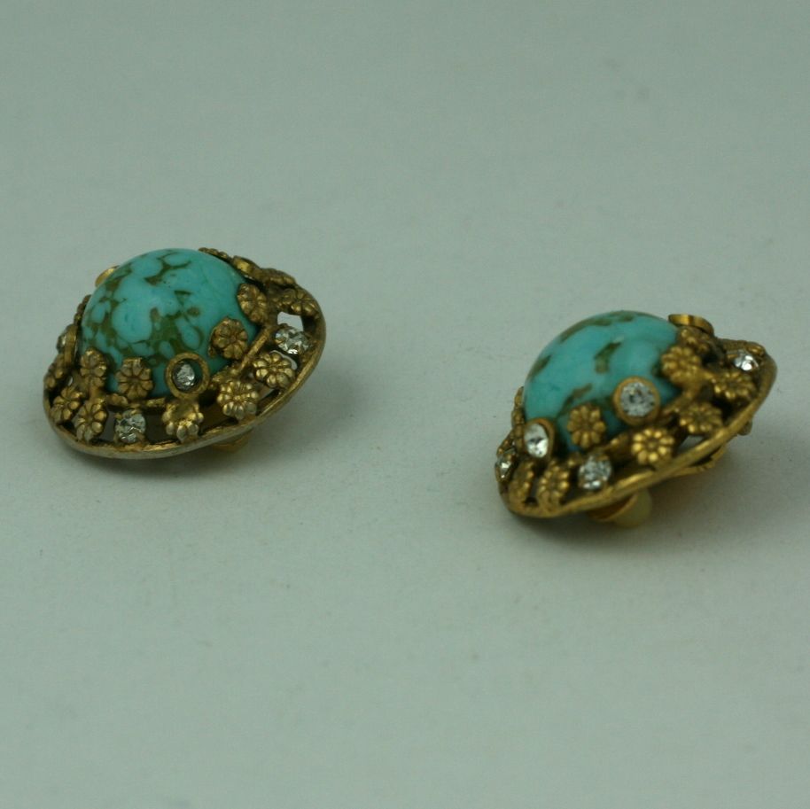 Chanel Turquoise and Floral Filigree Earclips In Excellent Condition For Sale In Riverdale, NY