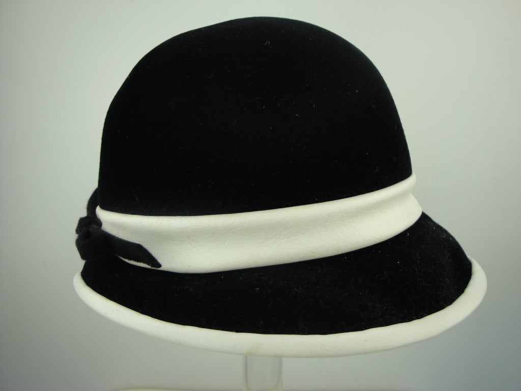Dachettes by Lilly Dache 1960's black wool felt and white vinyl trim hat.