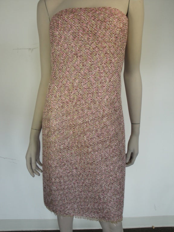 Peter Som chocolate brown and pink tweed dress with built in brassiere and back zipper.