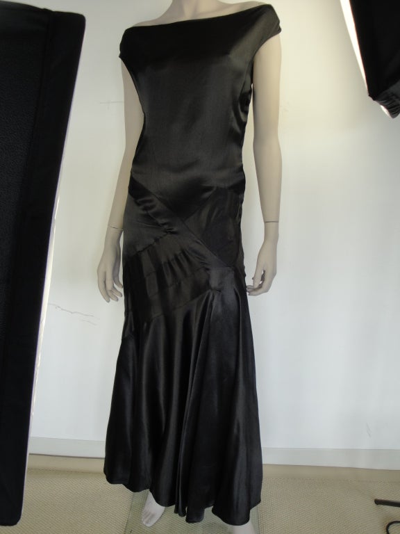 1930's black satin bias-cut gown with side snaps.