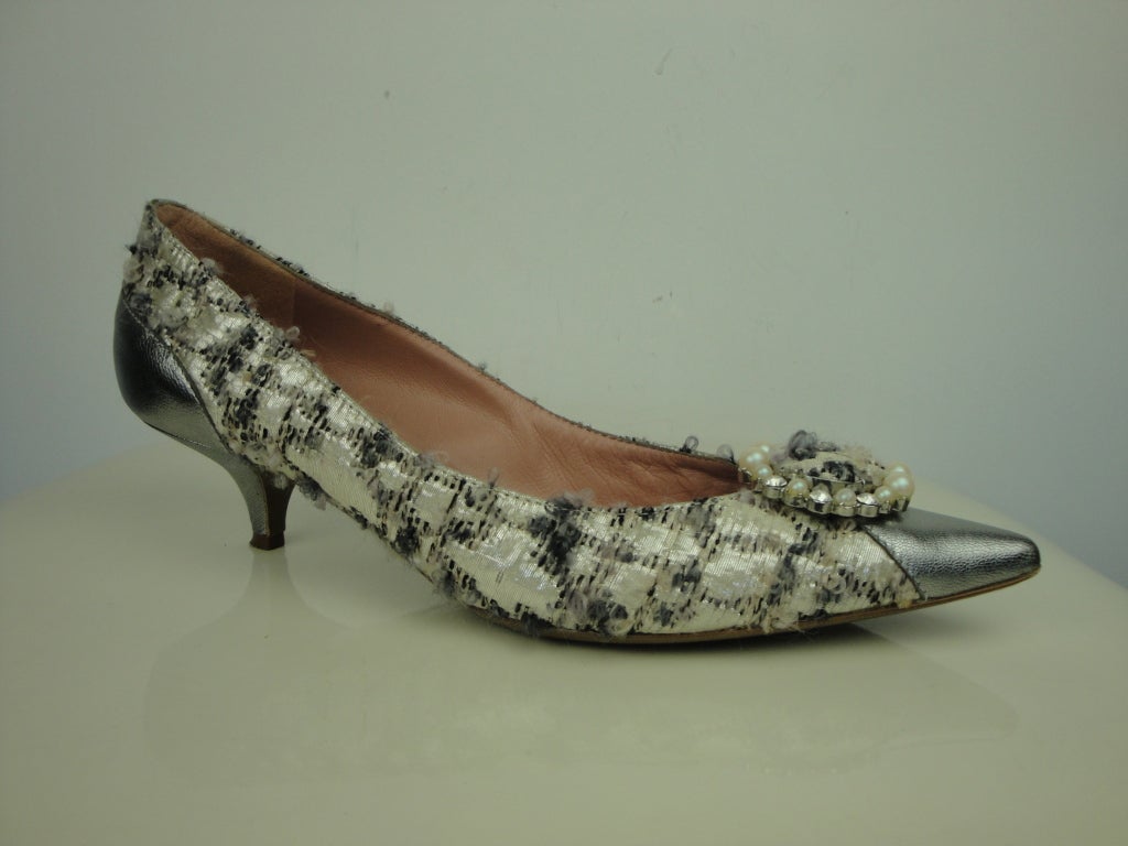 Moschino tweed and silver leather shoe with pearl and rhinestone buckle.