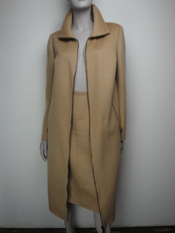 Michael Koors camel coat and skirt.