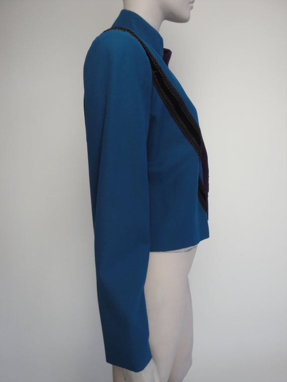Mary Mcfadden couture blue/purple jacket with black velvet detail and fully lined.