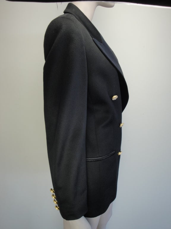 Escada black double breasted cashmere tuxedo jacket,jeweled buttons and fully lined.