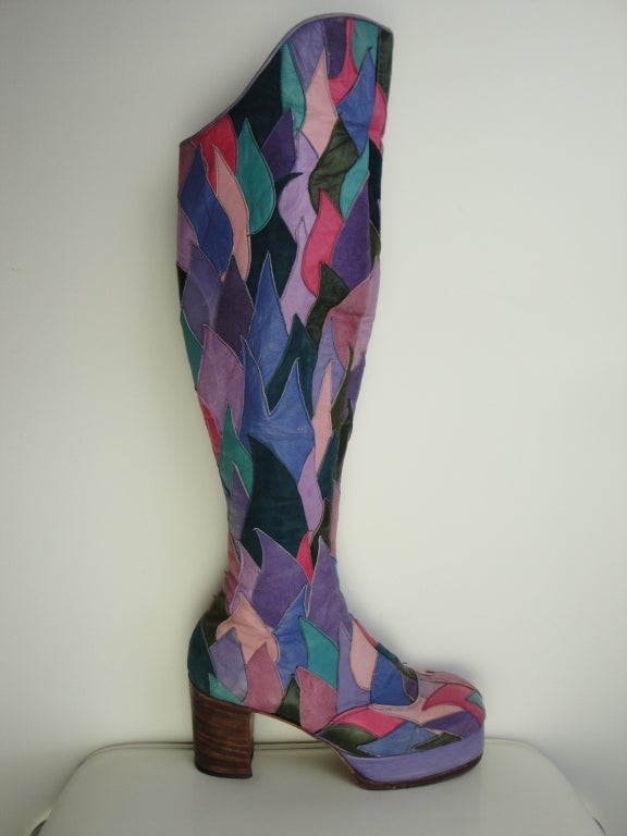 1970's leather and suede patchwork platform boots with stacked wood heel.