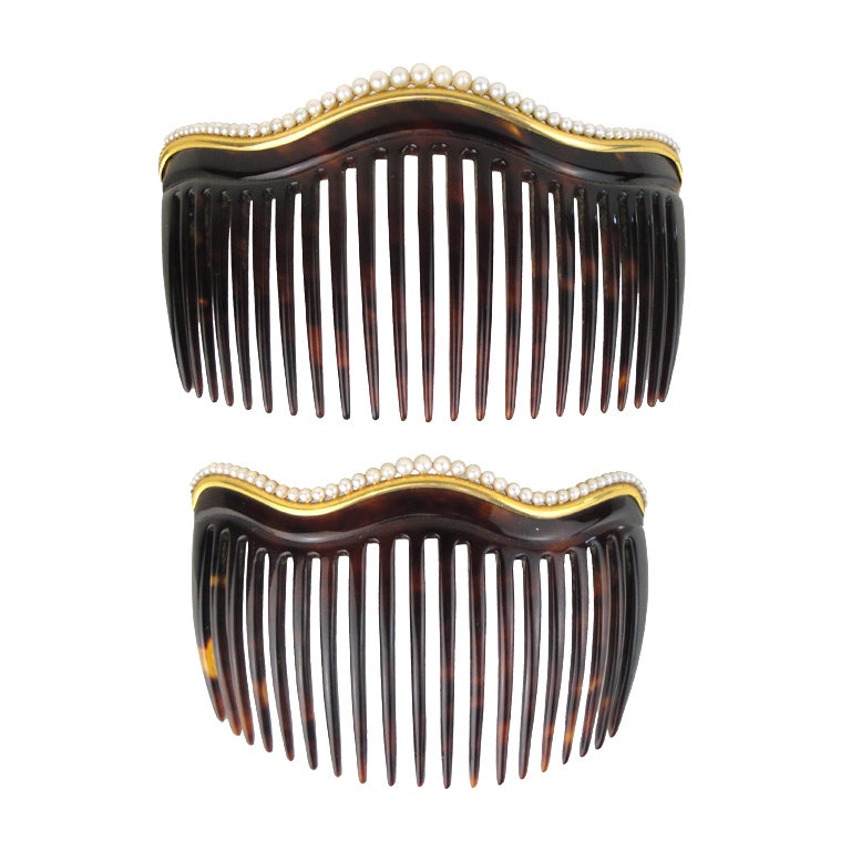 Pair of Tortoise Hair Combs with 14k and Pearls