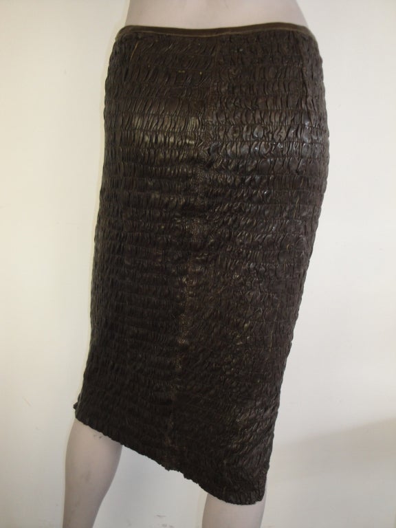 Donna Karan chocolate brown quilted leather skirt with back zipper.