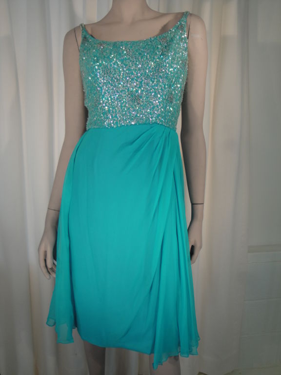 Lee Claire 1960's turquoise silk chiffon cocktail dress with sequined top,back zipper with hook and eye closure.