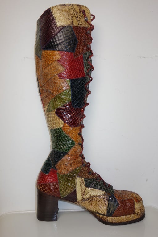 1970's snakeskin patchwork wood stacked heel platform boots.