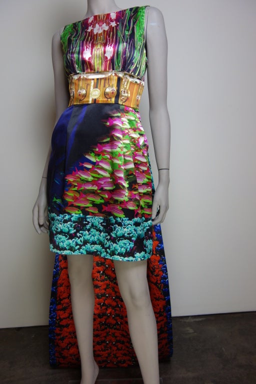 Mary Katrantzou runway Spring 2012 silk digital print dress,side zip,two front pockets and long train.