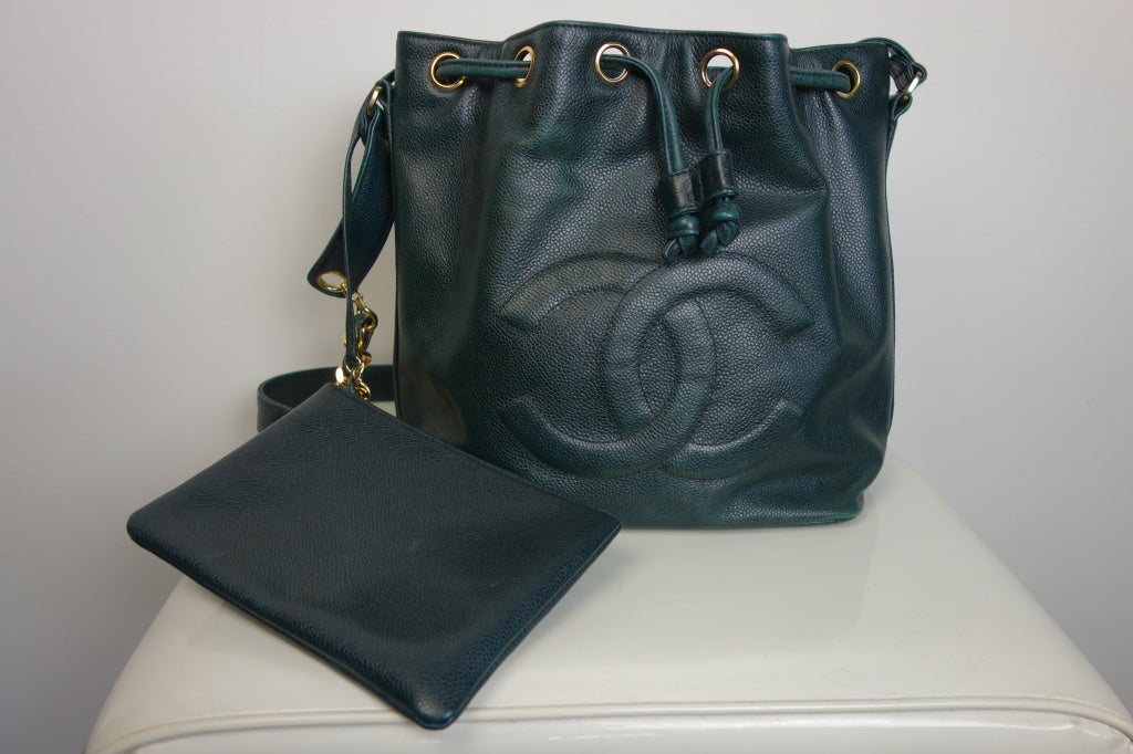 Chanel 1980's hunter green leather bucket handbag.