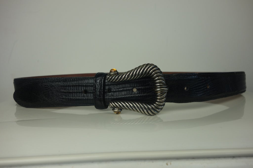 David Yurman black lizard belt with sterling silver buckle.