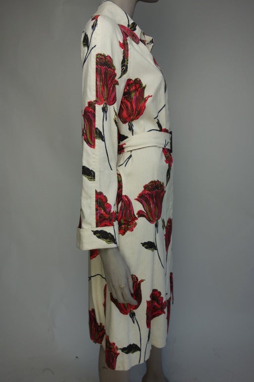 Dries Van Noten Spring/Summer 2005 silk tulip print trench coat, two front pockets,belt and fully lined.