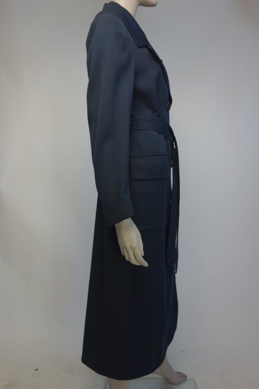 Dries Van Noten navy blue double breasted wool gabardine long coat, two front pockets and fully lined.