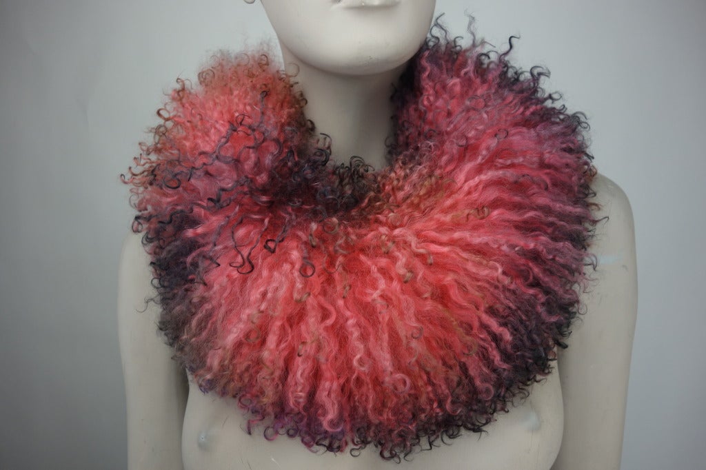 Etro fur collar with suede ties for front or back use, fully lined in pink with snaps.