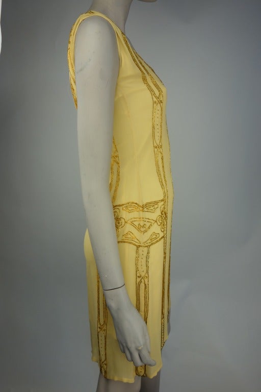 John Bartlett spring 2000 golden yellow silk chiffon beaded dress with silk slip and scoop back.