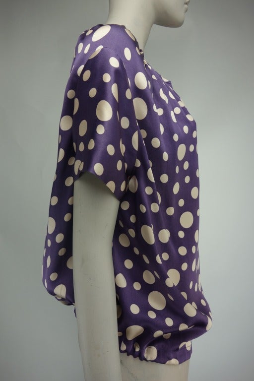 Dries Van Noten purple with cream polka-dot silk blouse with tie in front at waist, with snap and button up front.