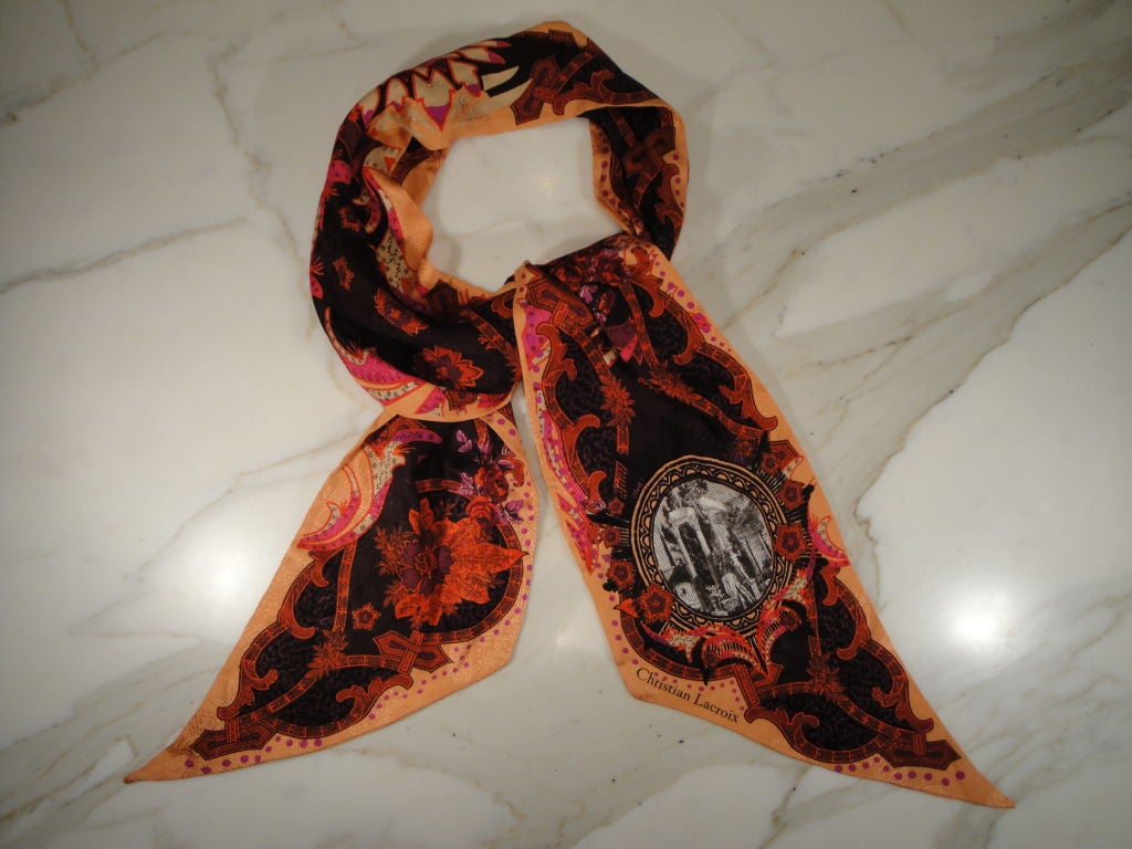 Coral,pink chocolate brown,red and black Christian Lacroix silk scarf.