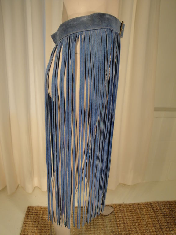 Women's 1970's Blue Suede Long Fringe Belt