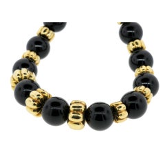 Vintage Yellow Gold and Black Onyx Large Bead Necklace