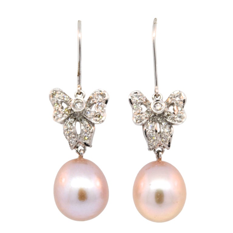 Diamond Pearl Gold  Drop Earrings For Sale