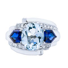 Raymond Yard Art Deco Aquamarine Sapphire Diamond Platinum Ring